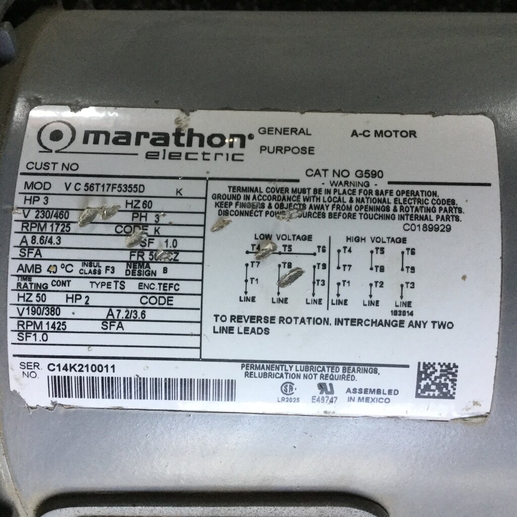 MARATHON MOTOR 3HP, 3PH, 230/460V, 1725RPM, 56HCZ FRAME