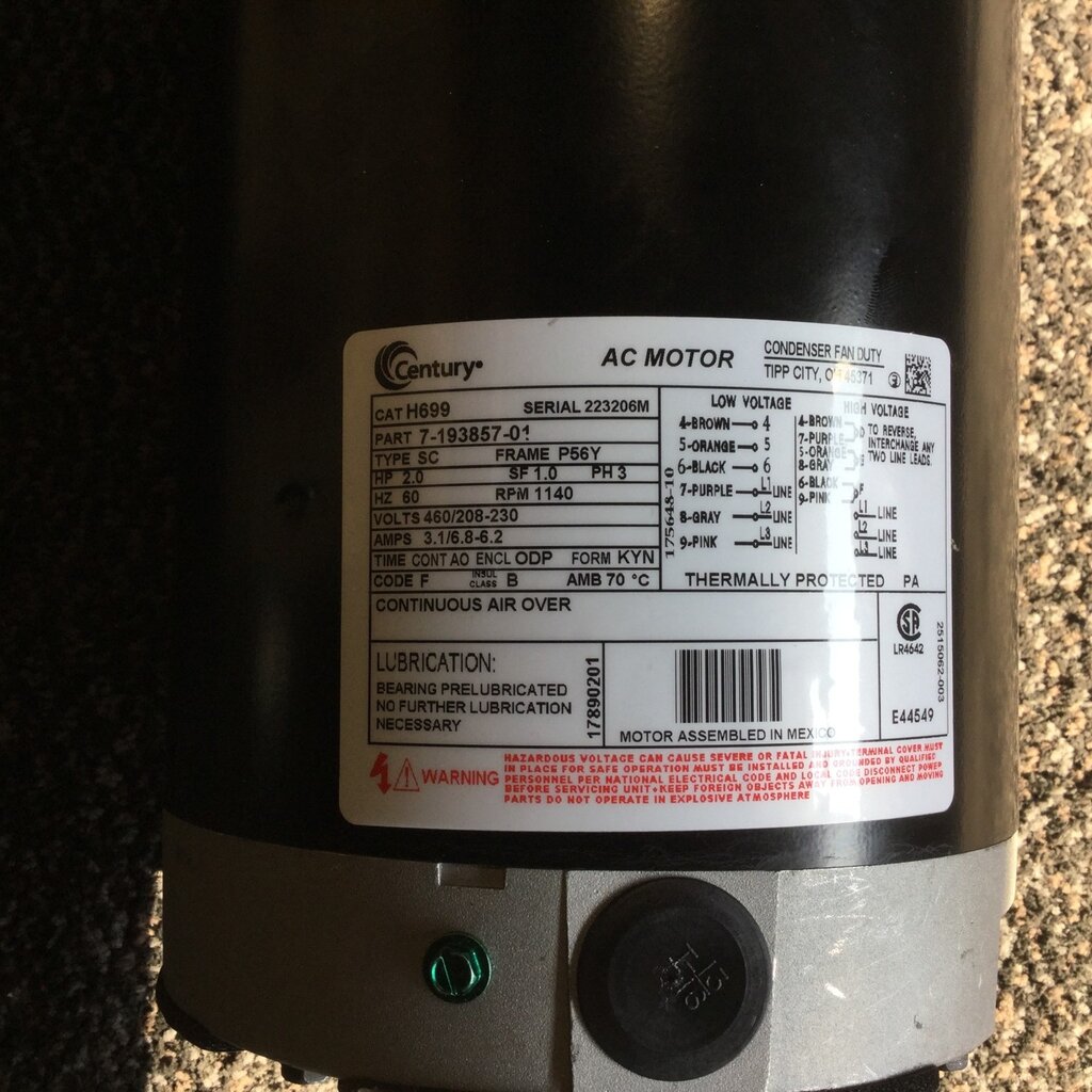 CENTURY CONDENSER FAN MOTOR 2HP, 3PH, 1200RPM, 56Y FRAME