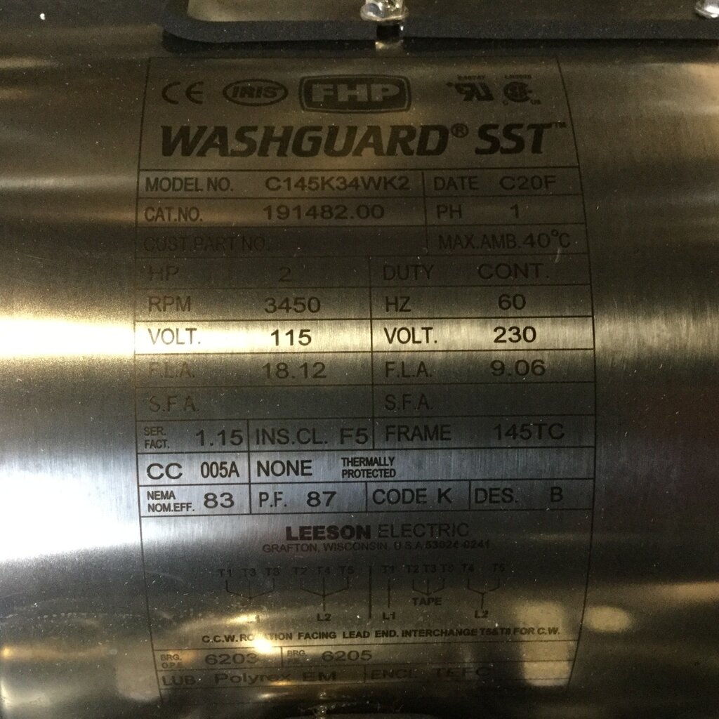 LEESON MILK PUMP MOTOR 2HP, 1PH, 3450RPM, 145TC FRAME, S/S WASHDOWN