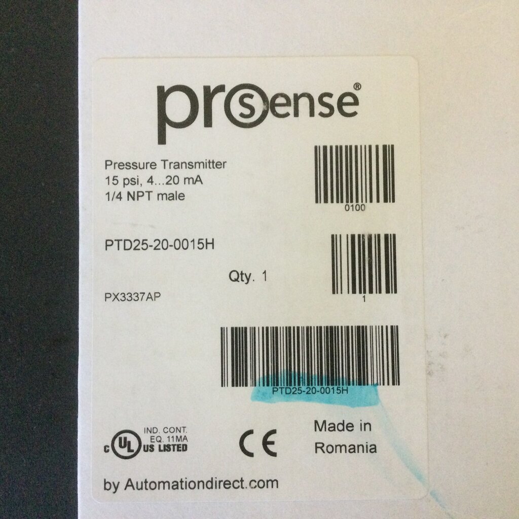 ProSense PRESSURE TRANSMITTER W/ CERAMIC & VITON SEALS, 0 TO 15PSIG, 4-20mA, 1/4 MPT, 9.6-32VDC, M12 CONNECTOR