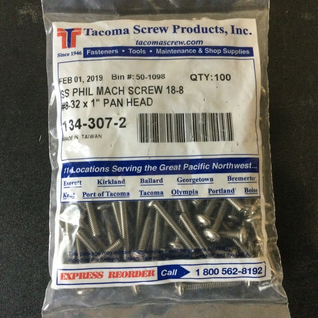 PAN HEAD S/S MACHINE SCREW 18-8 #8-32 X 1"