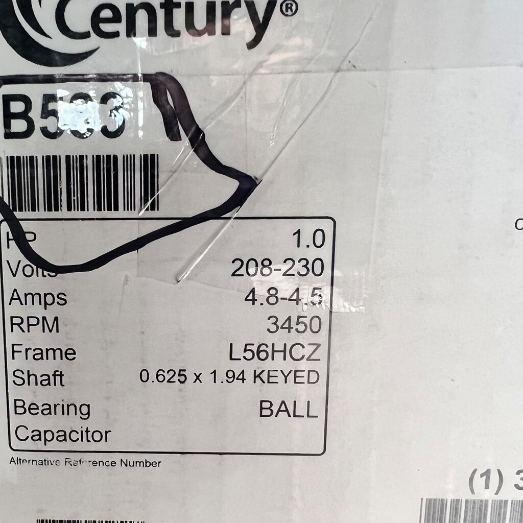 CENTURY MILK PUMP MOTOR 1HP, 1PH, 230V, 3450RPM,  L56HCZ FRAME W/O THREADED SHAFT