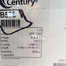 CENTURY MILK PUMP MOTOR 1HP, 1PH, 230V, 3450RPM,  L56HCZ FRAME W/O THREADED SHAFT