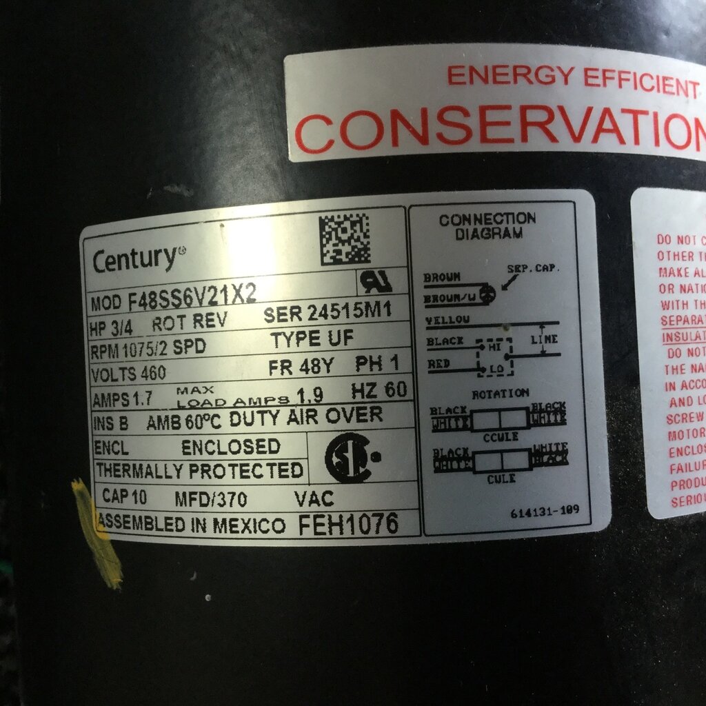 CONDENSING FAN MOTOR 3/4HP, 460V, 1075RPM, 48Y FRAME