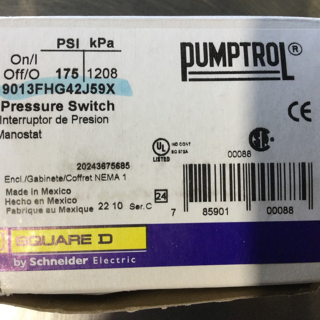 AIR COMPRESSOR PRESSURE SWITCH FIXED 40 psi., RANGE 100-200 psi.