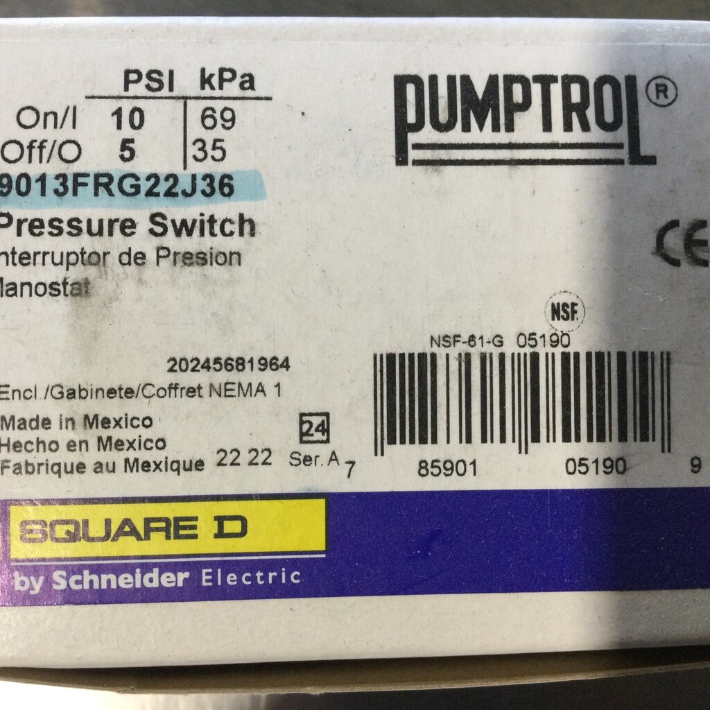 WATER PUMP PRESSURE SWITCH 5-10 psi., RANGE 4-45 psi.