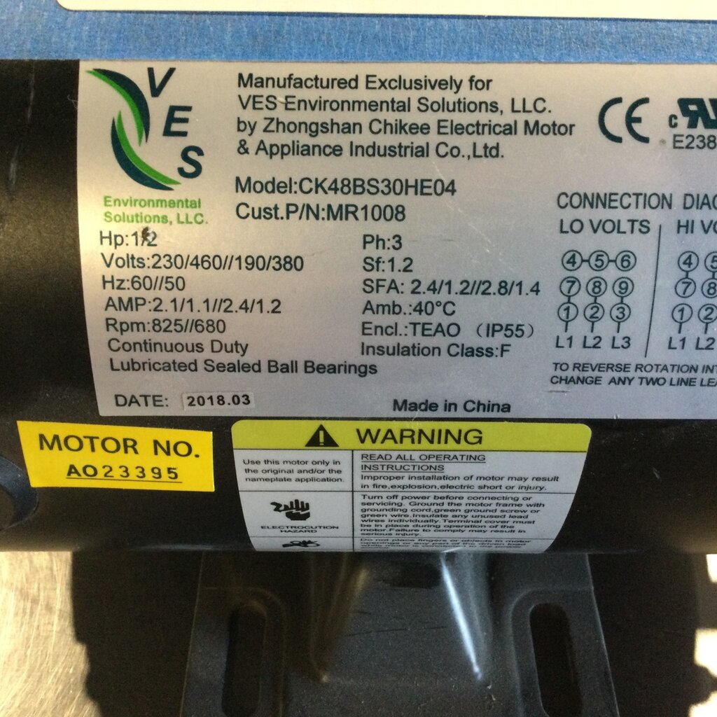 VES 36" AFR EXHAUST FAN MOTOR .1/2HP, 3PH, 230/460V, 850RPM