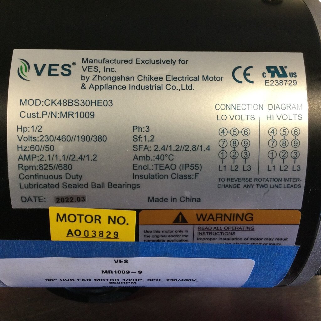 VES 36" HVB FAN MOTOR .5HP, 3PH, 230/460V, 825RPM, YOKE MOUNT