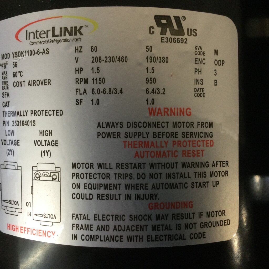 CONDENSER FAN MOTOR 1.5HP, 3PH, 208-230/460V, 1150 RPM, 5/8 SHAFT, BASE MOUNT