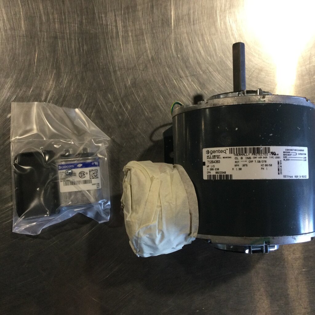 MUELLER CONDENSER FAN MOTOR 1/3HP, 1PH, 230/208V, 1075RPM, CRADLE MOUNT- INCLUDES MOTOR 1972, CAPACITOR TOCF7.5, CRADDLE MOUNT KIT 08096,  MOTOR BASE 30-492