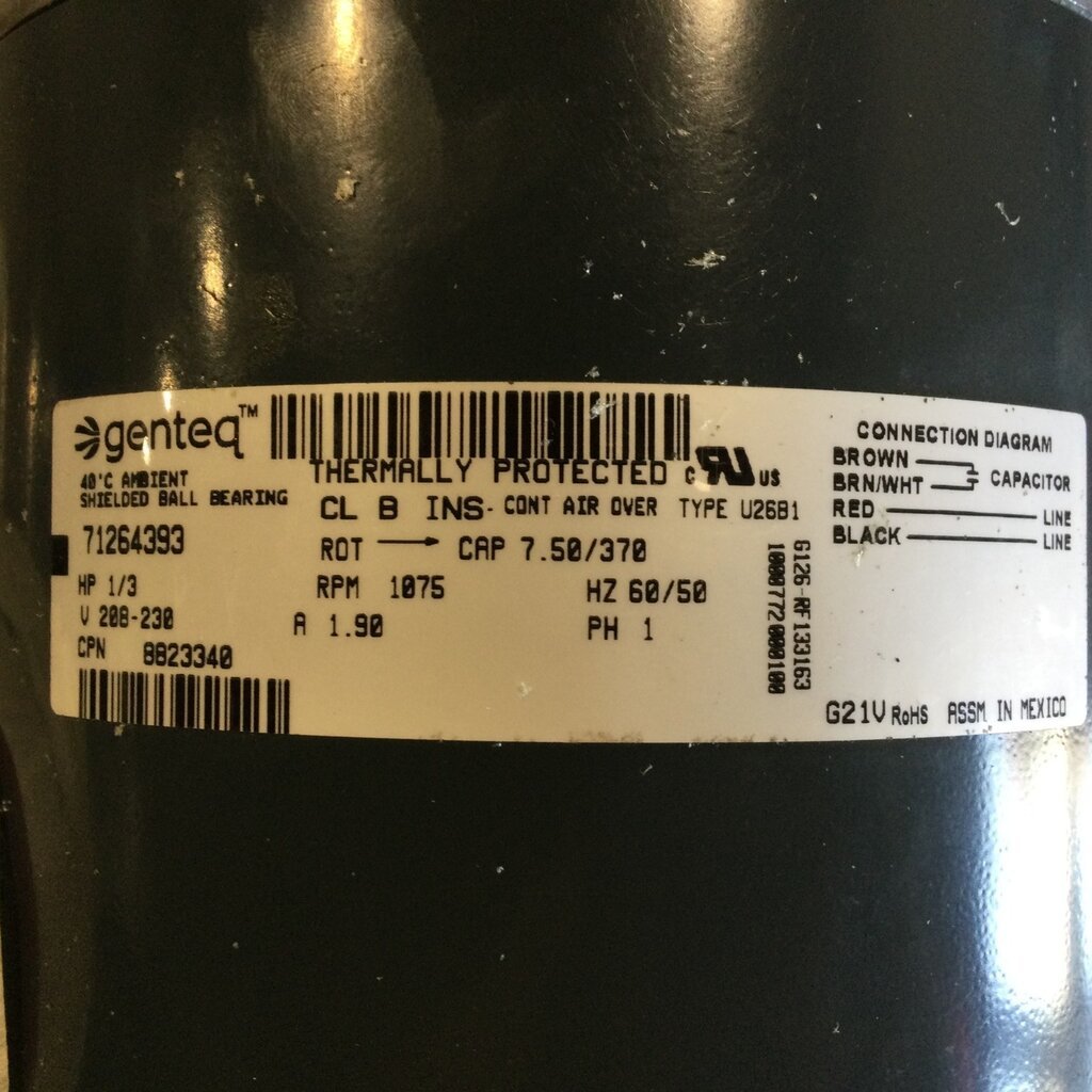 MUELLER CONDENSER FAN MOTOR 1/3HP, 1PH, 230/208V, 1075RPM, CRADLE MOUNT- INCLUDES MOTOR 1972, CAPACITOR TOCF7.5, CRADDLE MOUNT KIT 08096,  MOTOR BASE 30-492