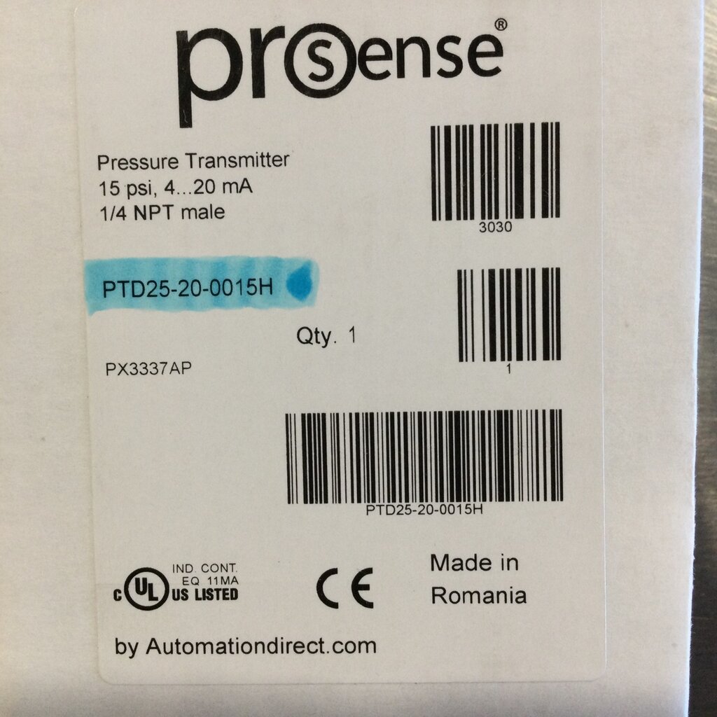 ProSense PRESSURE TRANSMITTER W/ CERAMIC & VITON SEALS, 0 TO 15PSIG, 4-20mA, 1/4 MPT, 9.6-32VDC, M12 CONNECTOR