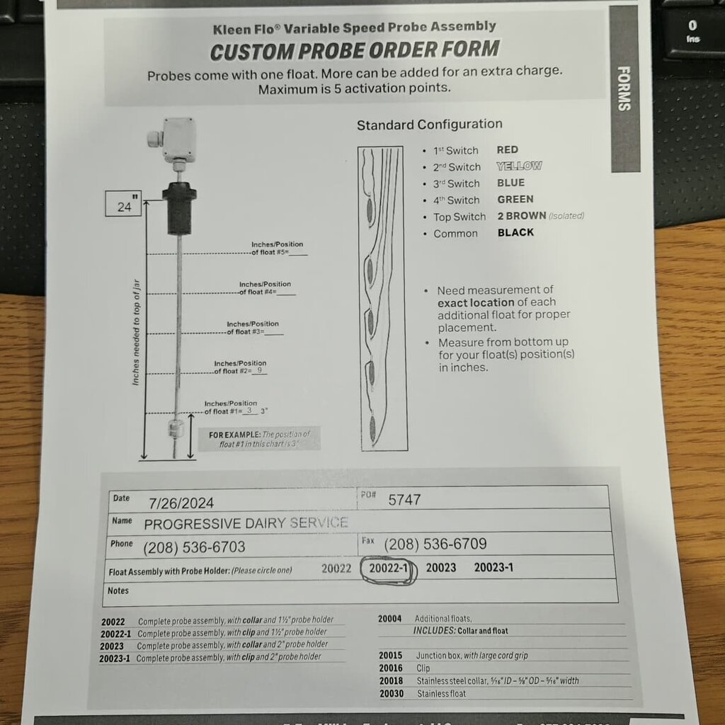 variable speed float assy with clip 236.00 236.00 Floats at: 3" 9" 24" to top of jar AddiƟonal float charge for 20022-1 & 20023-1 probe