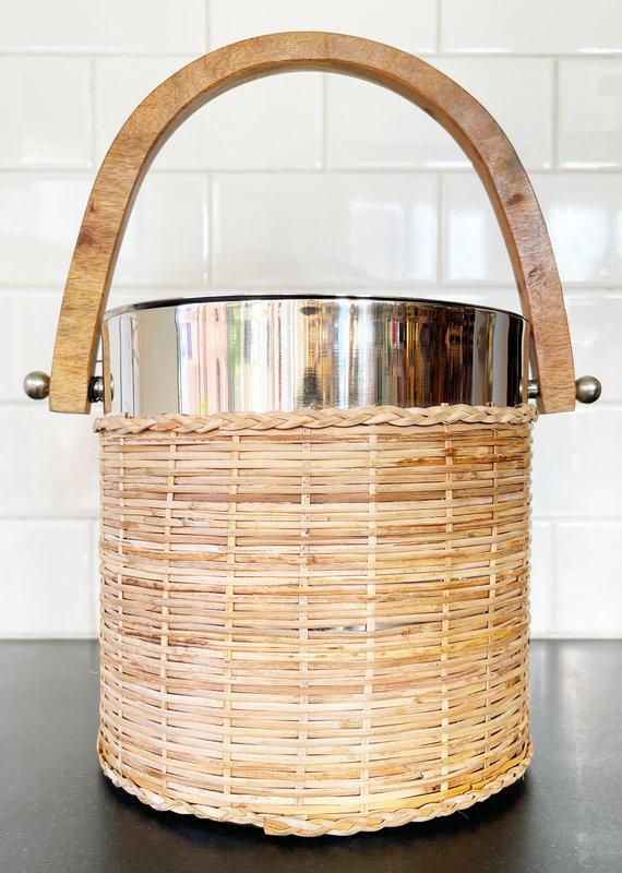 Stainless Steel and Woven Rattan Ice Bucket