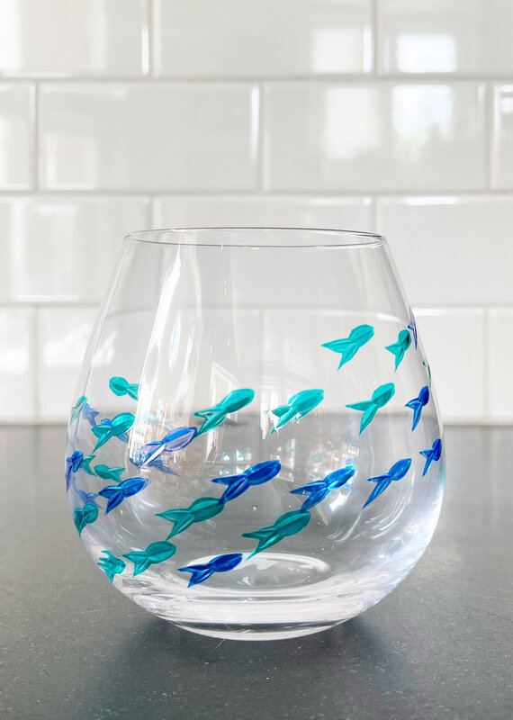 Abbott Blue + Green Fish Stemless Wine Glass