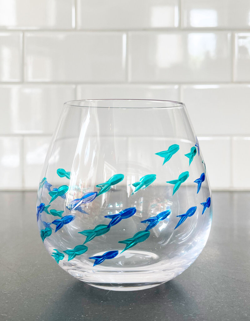 Abbott Blue + Green Fish Stemless Wine Glass