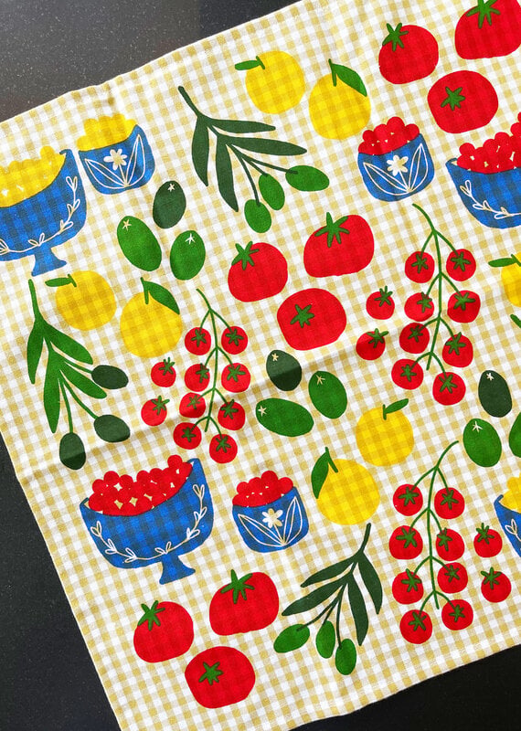 Julie's Peach Mangia Tomatoes on Gingham Tea Towel