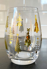 Gold Christmas Tree Stemless Wine Glass