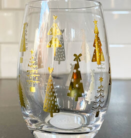 Gold Christmas Tree Stemless Wine Glass