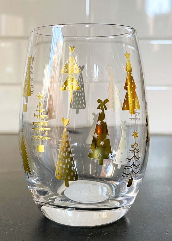 Gold Christmas Tree Stemless Wine Glass