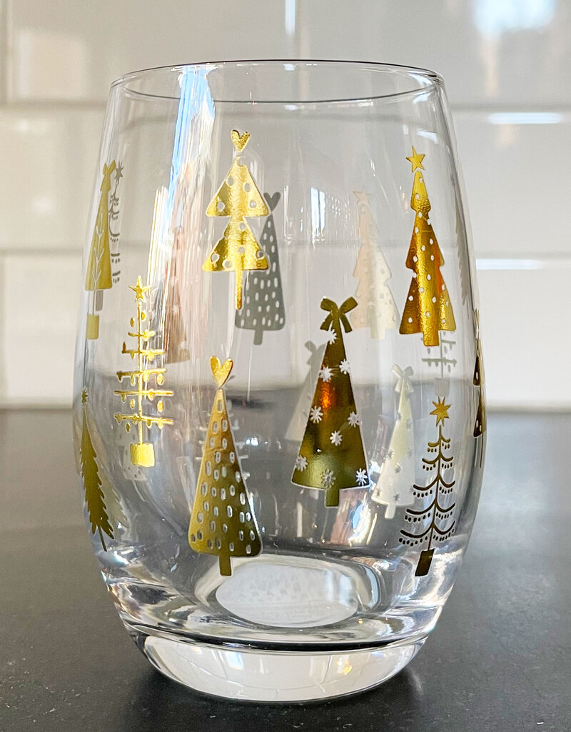 Gold Christmas Tree Stemless Wine Glass