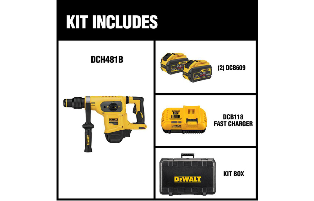 (New) DEWALT FLEXVOLT 60-Volt MAX Cordless Brushless 1-9/16 in. SDS MAX Combination Rotary Hammer & (2) FLEXVOLT 9.0Ah Batteries