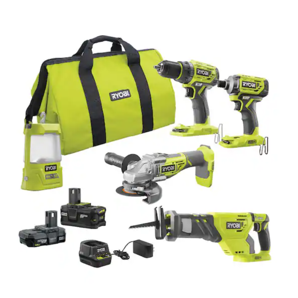 RYOBI ONE+ 18V Brushless Cordless 5-Tool Combo Kit with (1) 1.5 Ah Battery,  (1) 4.0 Ah Battery, Charger, and Bag - Discount Depot