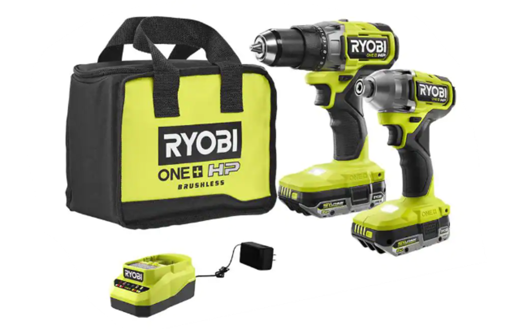 (New) RYOBI ONE+ HP 18V Brushless Cordless 1/2 in. Drill/Driver and Impact Driver Kit w/ (2) 2.0 Ah Batteries, Charger, and Bag
