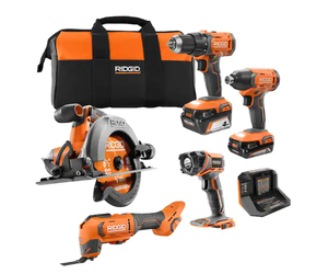 RIDGID 18V Cordless 5 Tool Combo Kit with 1 2.0 Ah Battery 1 4.0 Ah Battery Charger and Bag New Discount Depot