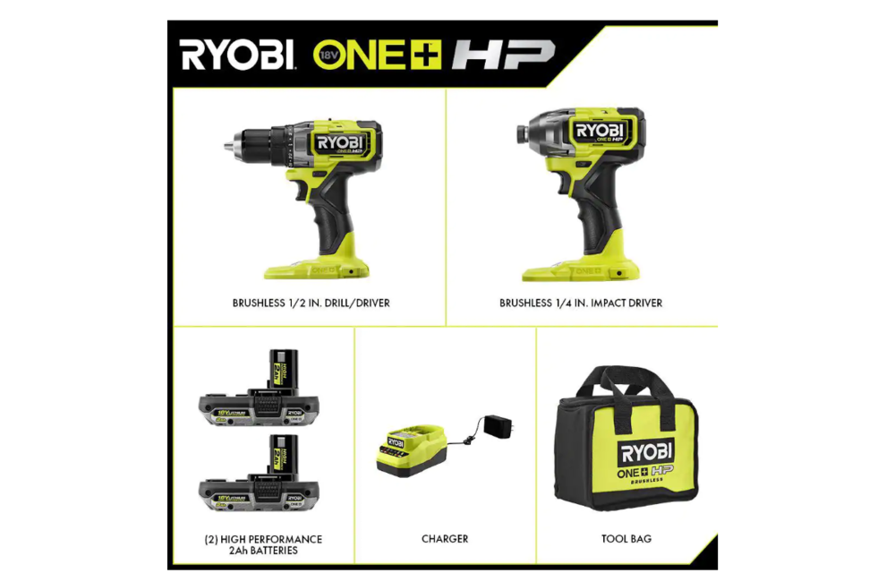 (New) RYOBI ONE+ HP 18V Brushless Cordless 1/2 in. Drill/Driver and Impact Driver Kit w/ (2) 2.0 Ah Batteries, Charger, and Bag