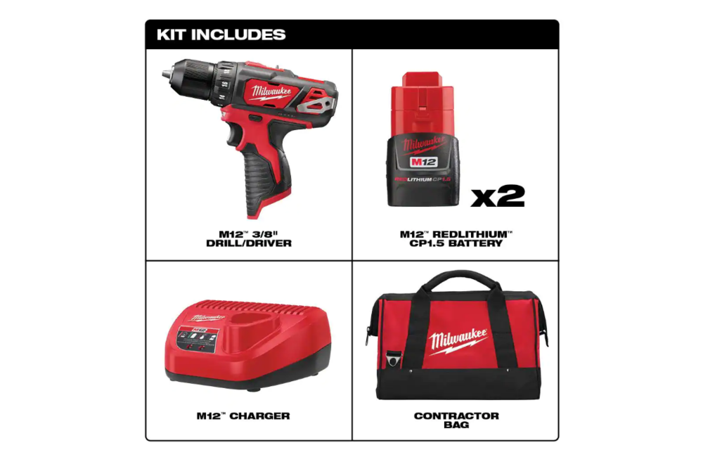 (New) MILWAUKEE M12 12-Volt Lithium-Ion Cordless 3/8 in. Drill/Driver Kit with Two 1.5 Ah Batteries, Charger and Tool Bag