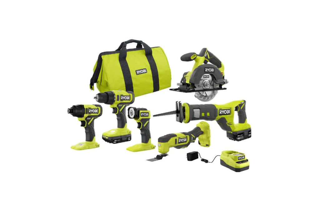 RYOBI ONE+ 18V Cordless 6-Tool Combo Kit with 1.5 Ah Battery, 4.0 Ah Battery, and Charger