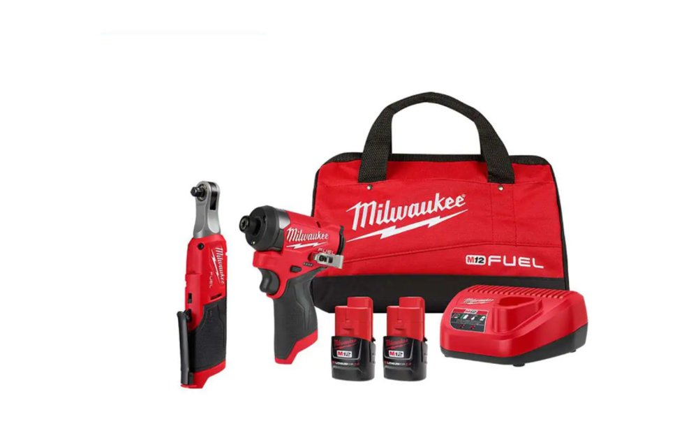 New) Milwaukee M12 FUEL 12V Lithium-Ion Cordless 3/8 in. Ratchet and 1/4  in. Impact Driver Kit (2-Tool) w/Batteries, Charger  Bag Discount Depot