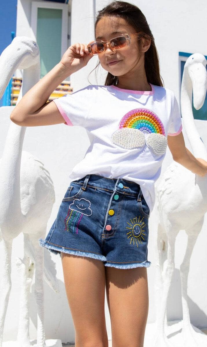 Lola & the Boys Lola & The Boys Embroidered Rainbow Denim Shorts