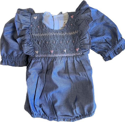 Maddie & Connor Maddie & Connor Chambray Hearts Smocked Ruffle Bubble