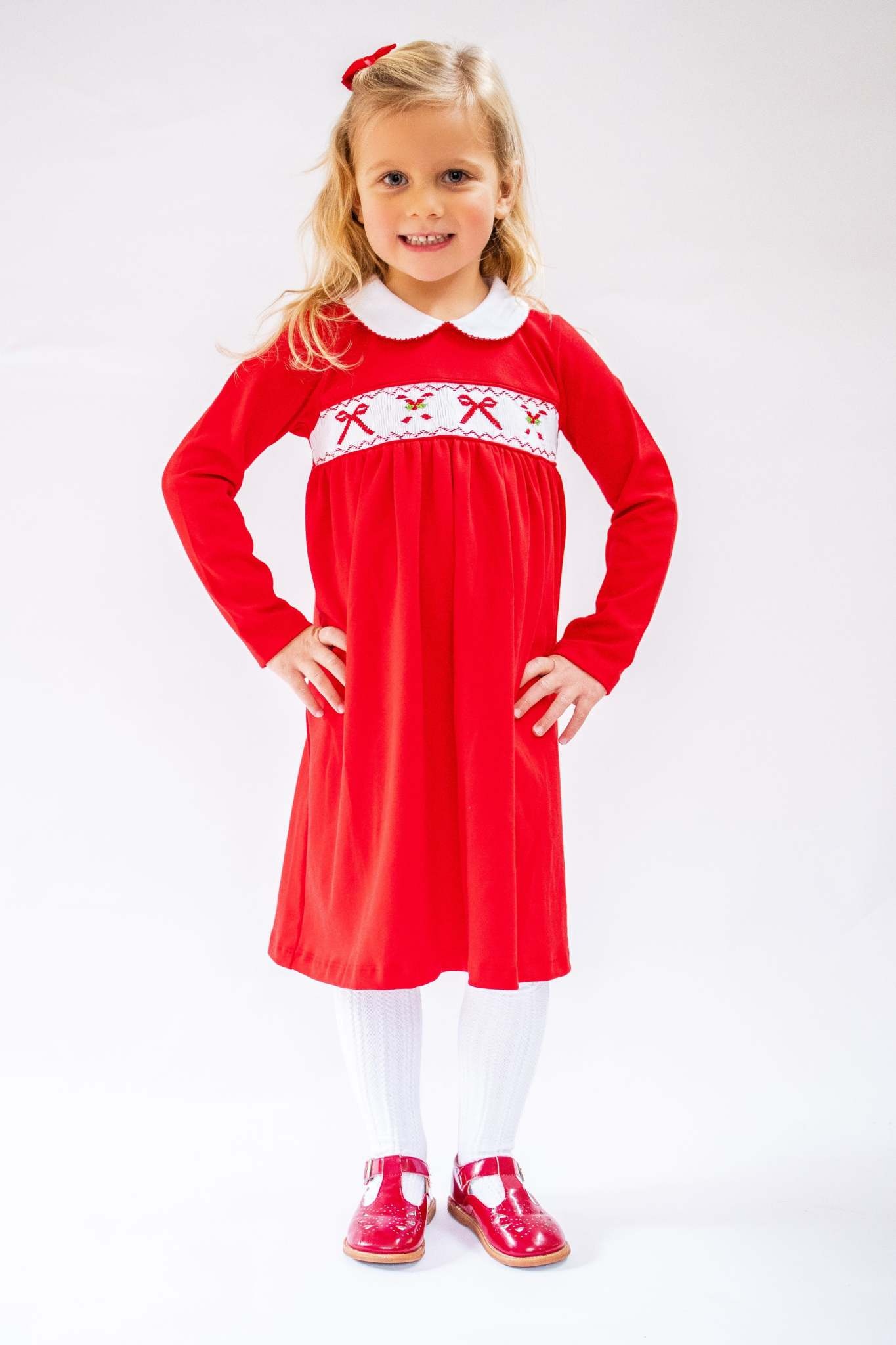 Maddie & Connor Maddie & Connor Pima Candy Cane Smocked Bow Dress