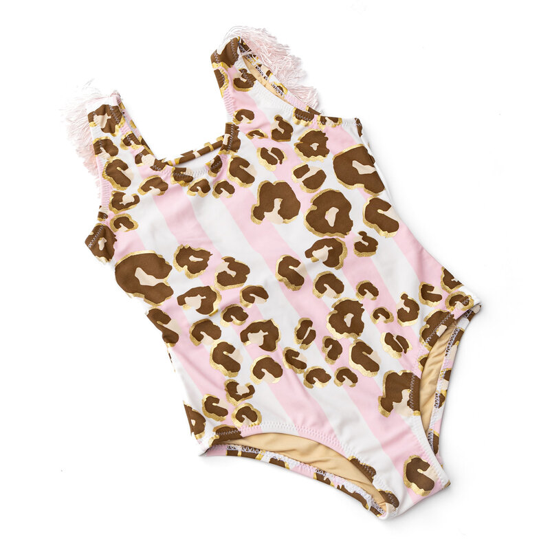 Shade Critters Shade Critters Metallic Leopard Fringe Back One Piece Swimsuit