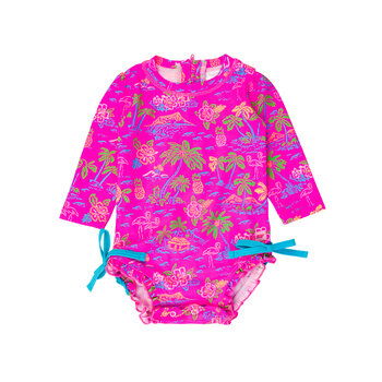 RuffleButts Rufflebutts Neon Island Time Long Sleeve One Piece Rash Guard