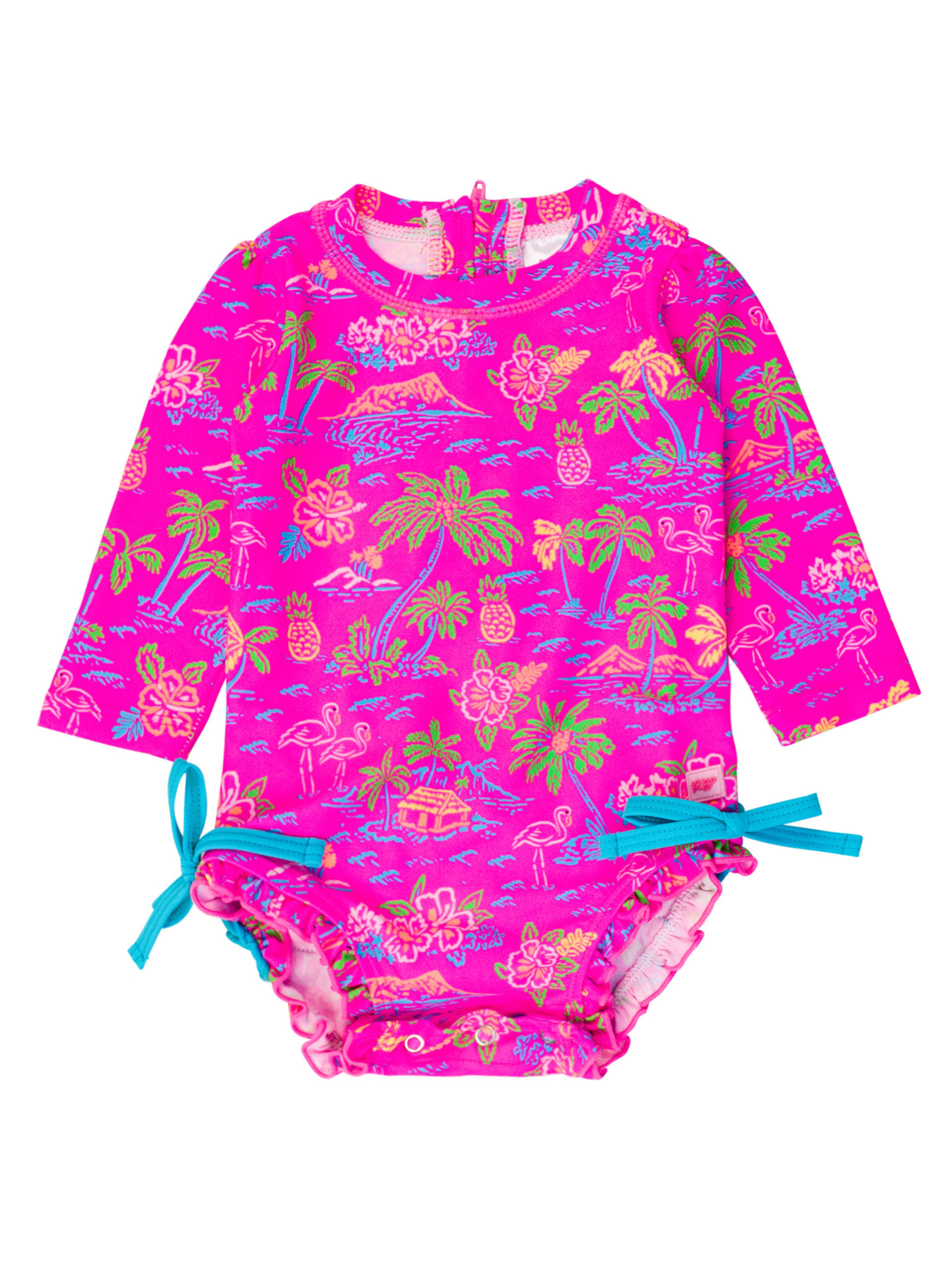 RuffleButts Rufflebutts Neon Island Time Long Sleeve One Piece Rash Guard