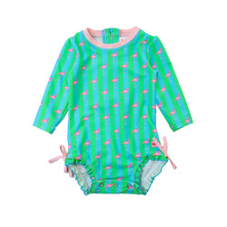 RuffleButts Rufflebutts Neon Flamingo Stripe Long Sleeve One Piece Rash Guard