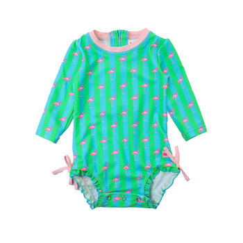 RuffleButts Rufflebutts Neon Flamingo Stripe Long Sleeve One Piece Rash Guard