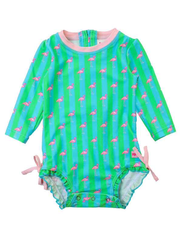 RuffleButts Rufflebutts Neon Flamingo Stripe Long Sleeve One Piece Rash Guard