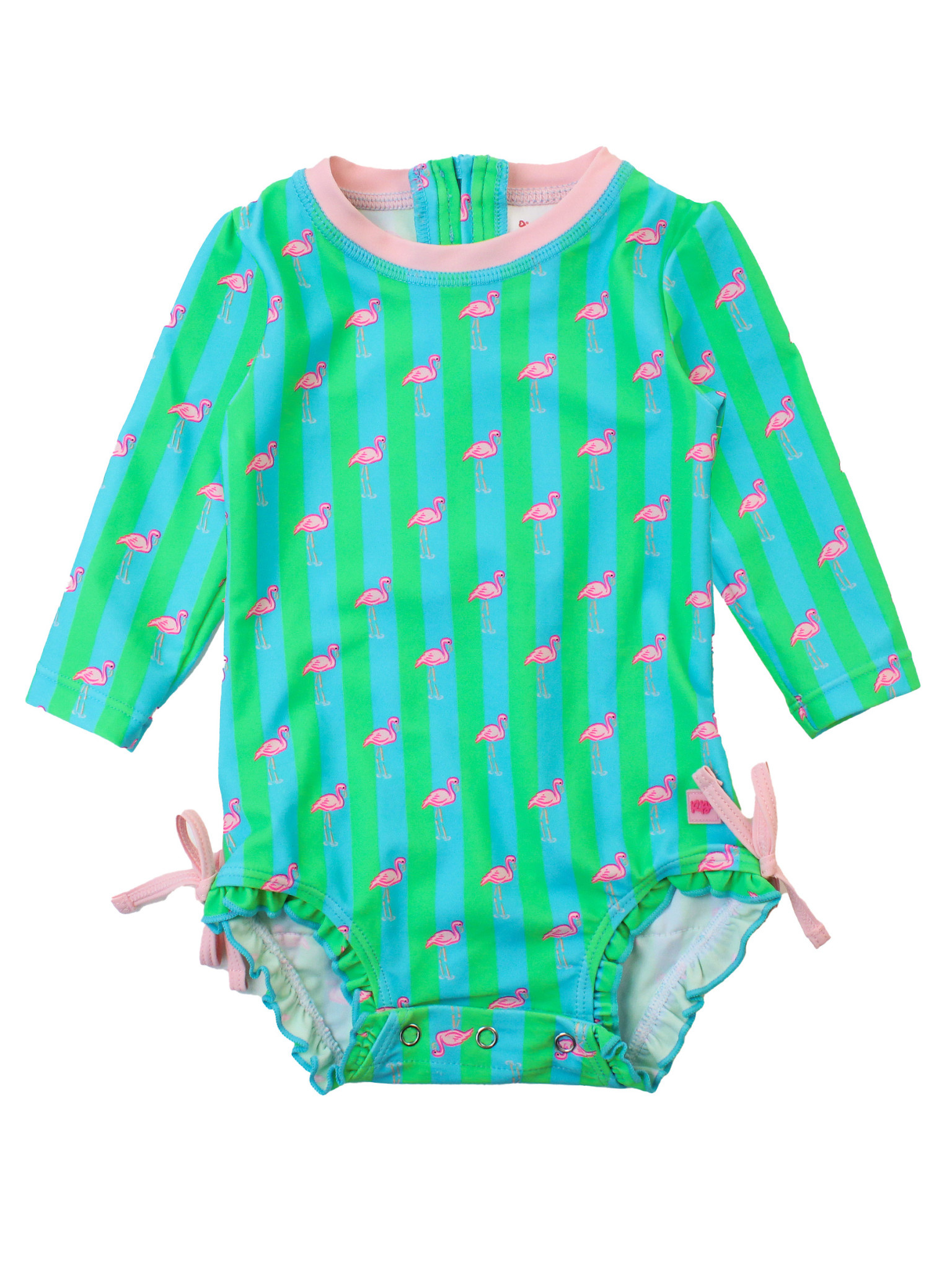 RuffleButts Rufflebutts Neon Flamingo Stripe Long Sleeve One Piece Rash Guard