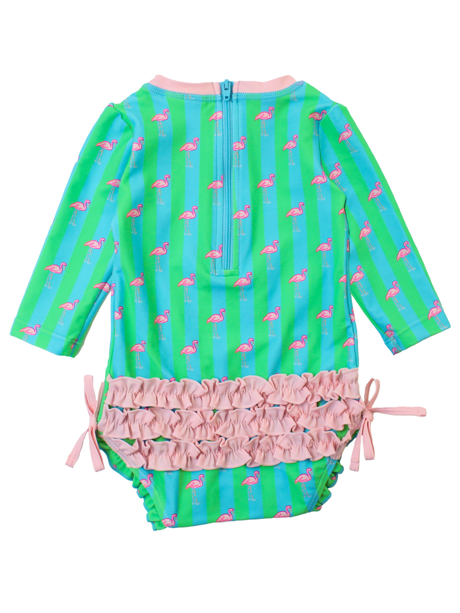 RuffleButts Rufflebutts Neon Flamingo Stripe Long Sleeve One Piece Rash Guard