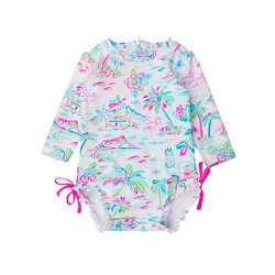 RuffleButts Rufflebutts Tropical Resort Long Sleeve Ruffle One Piece Rash Guard