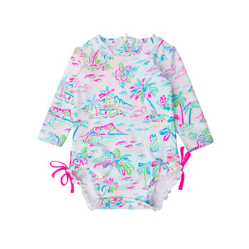 RuffleButts Rufflebutts Tropical Resort Long Sleeve Ruffle One Piece Rash Guard