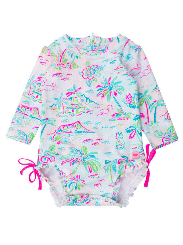 RuffleButts Rufflebutts Tropical Resort Long Sleeve Ruffle One Piece Rash Guard