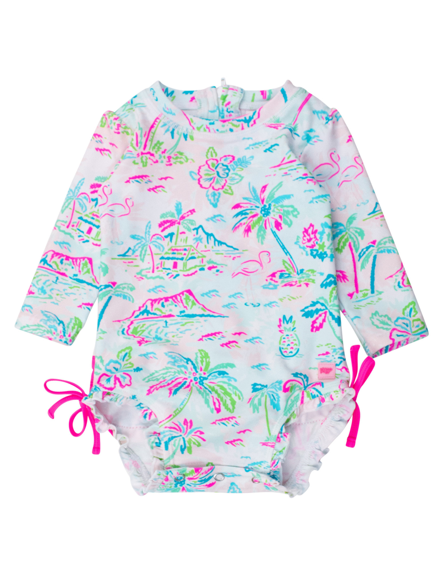 RuffleButts Rufflebutts Tropical Resort Long Sleeve Ruffle One Piece Rash Guard