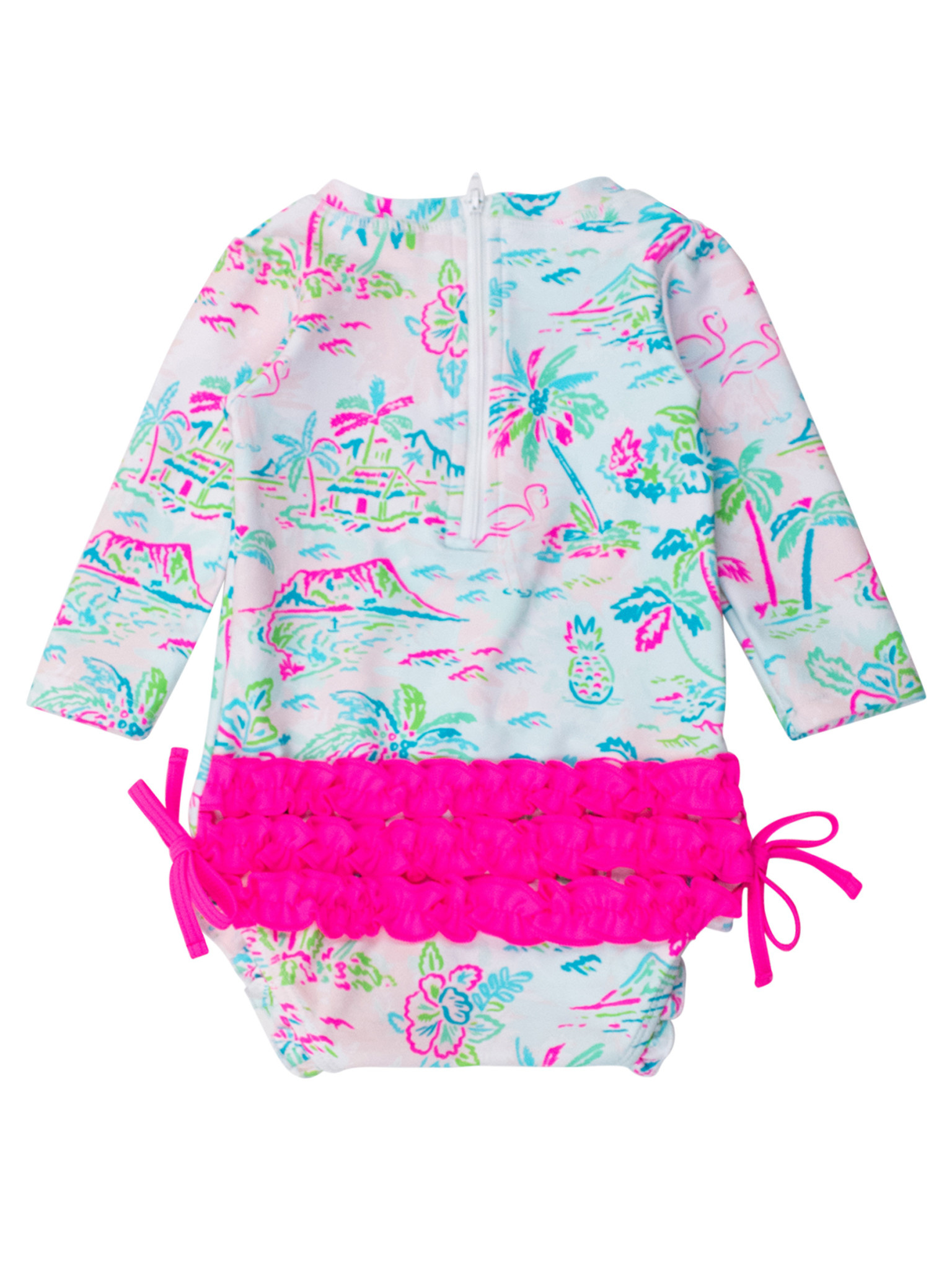 RuffleButts Rufflebutts Tropical Resort Long Sleeve Ruffle One Piece Rash Guard