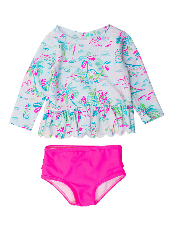 RuffleButts Rufflebutts Tropical Resort Long Sleeve Rash Guard Two Piece